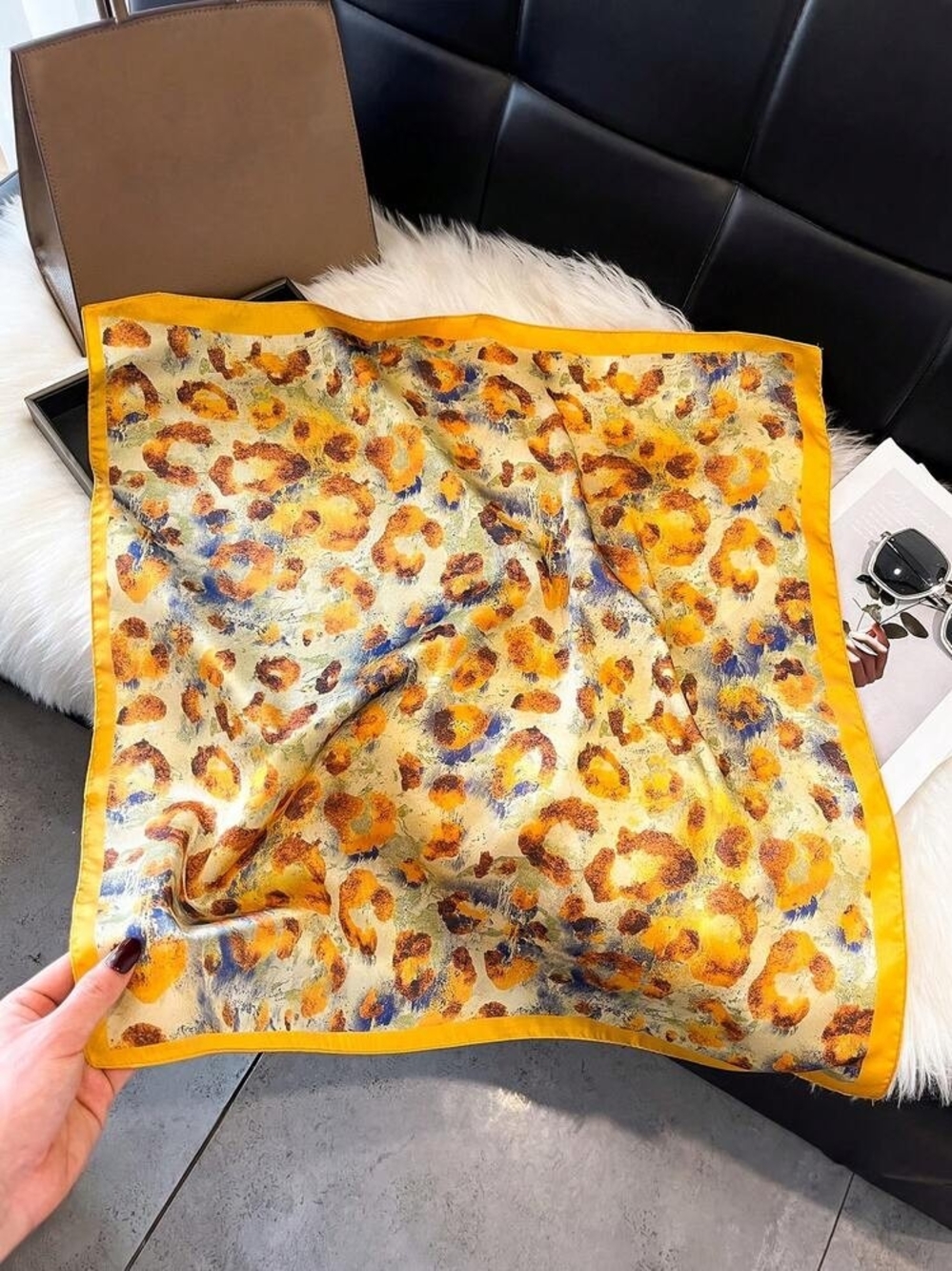 Silk-feel Yellow Leopard Print Effect Scarf - Head, Neck Scarf 70*70cm